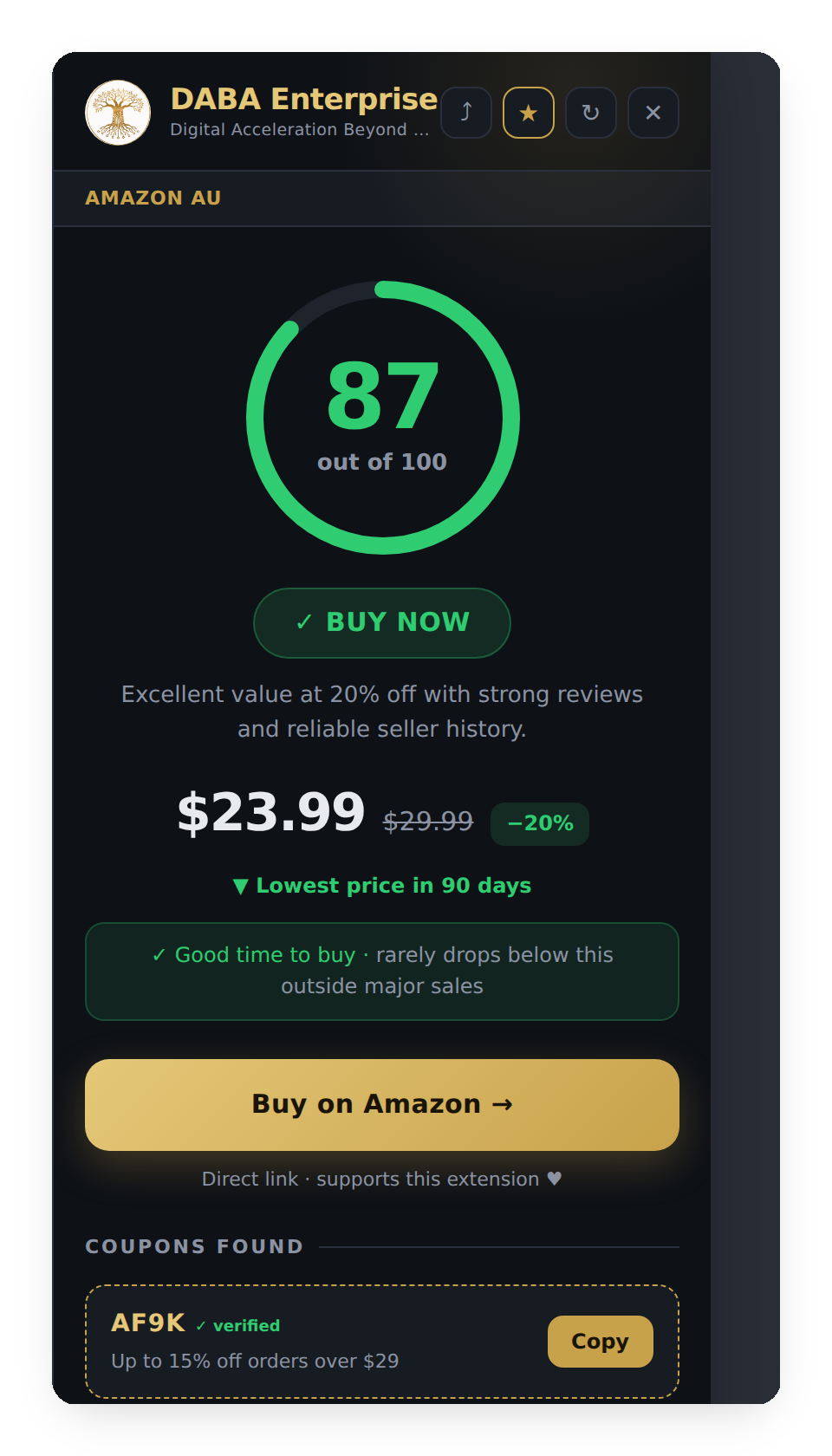 AI Shopping Copilot widget showing an 87 out of 100 buying score